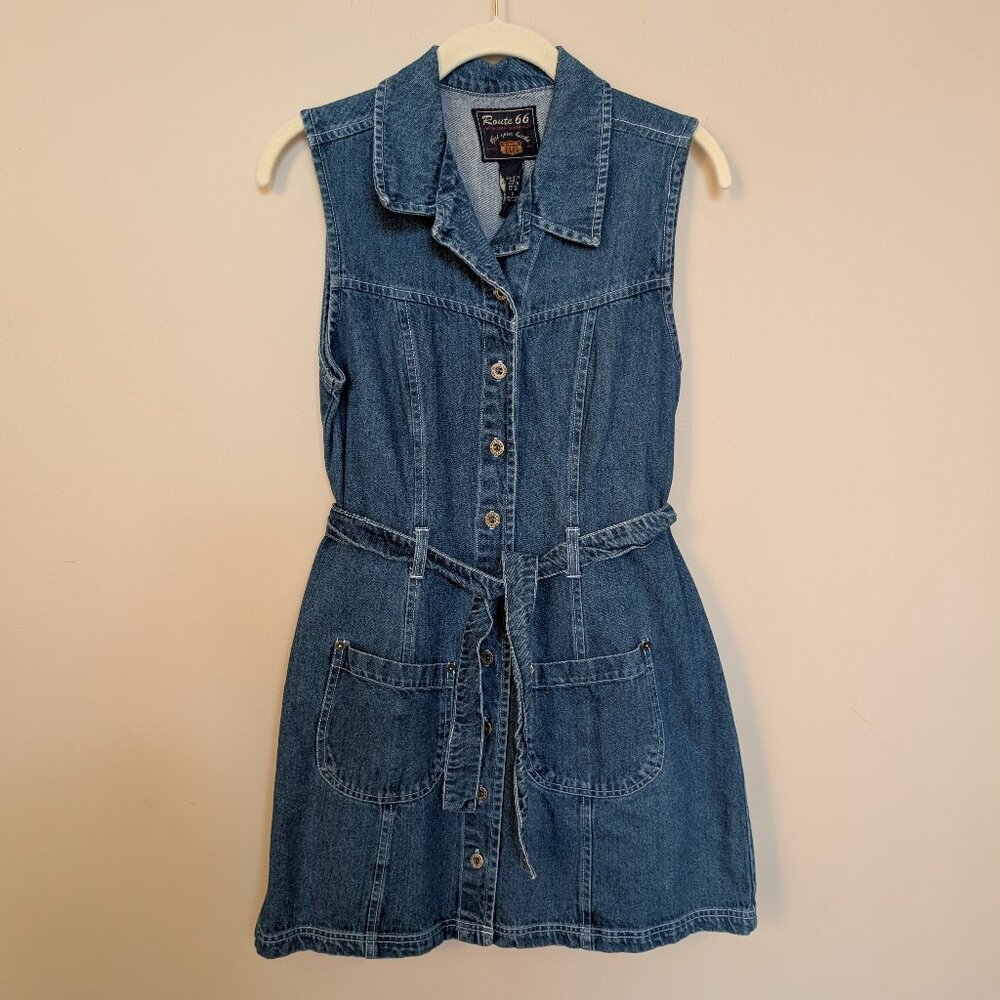 VINTAGE Route 66 small sleeveless denim shift dress button front with belt EUC